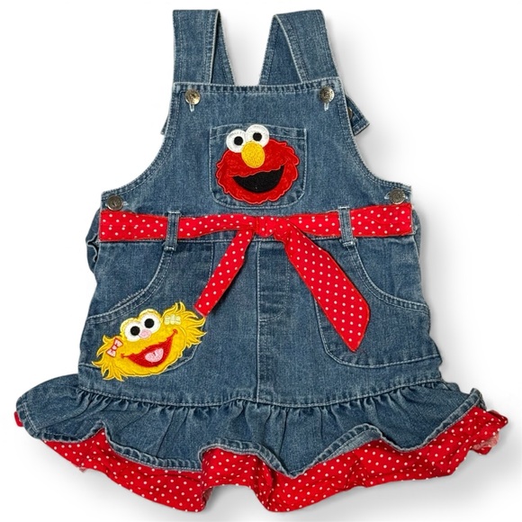 Sesame Street Other - Vintage Baby Toddler Sesame Street Elmo & Zoe Denim Bib Jean Dress 2T ruffle